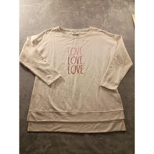 Rae Dunn Shirt Womens Medium White LOVE LOVE LOVE Graphic Tunic 3/4 Sleeve